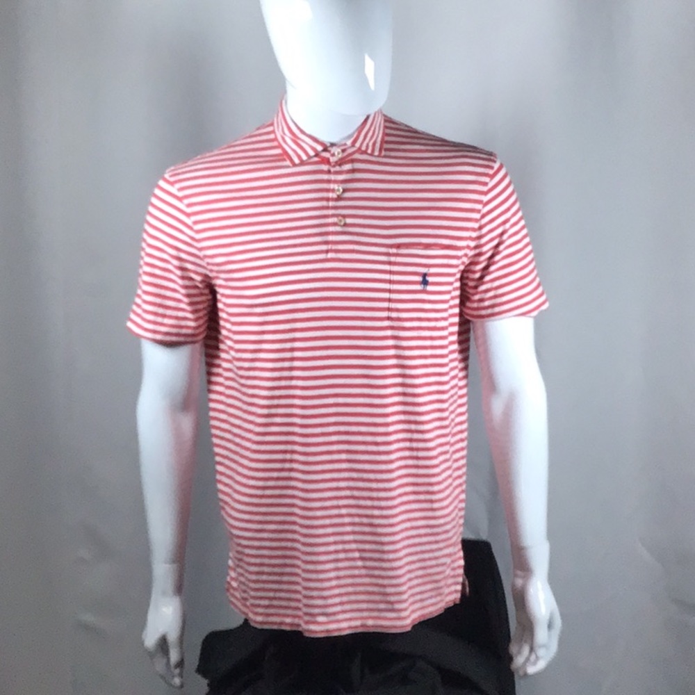 🔅SALE🔅Ralph Lauren Polo shirt, Classic Med. Red/white stripes, breast pocket.